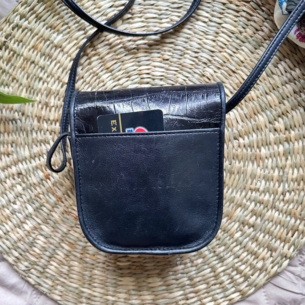 Brighton Vintage Black Leather Croc Embossed Heart Crossbody Mini Bag
